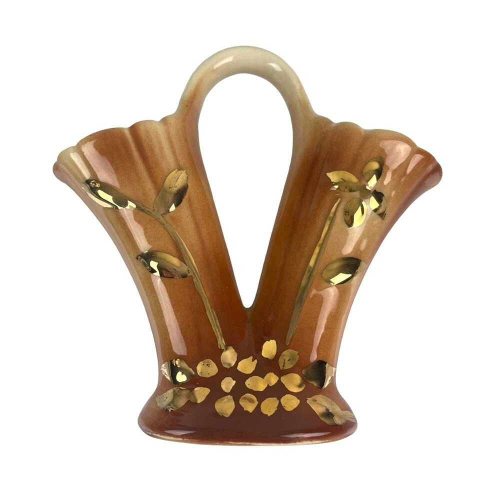 Vintage 1950s Mid Century Shafer 23K Gold Double Sided Planter Vase Tan Decor